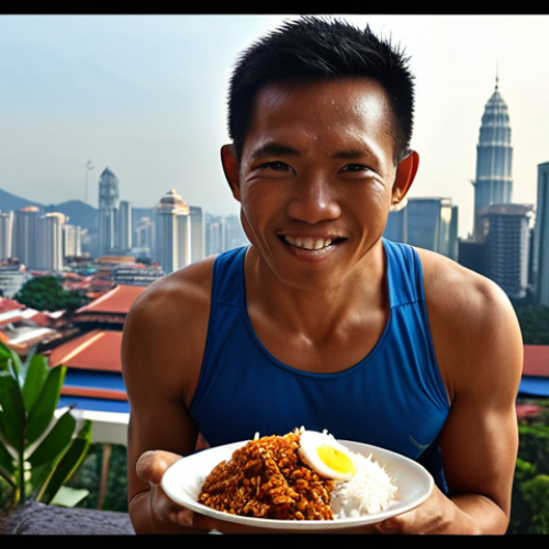 Home 11 **Image Prompt:** A Malaysian long-distance runner enjoying a plate of nasi lemak (coconut rice dish) with grilled chicken after a morning run, set against a backdrop of Kuala Lumpur skyline. This visually represents the importance of carbohydrates and protein for muscle recovery in a culturally relevant way.