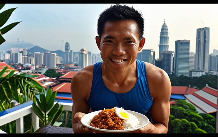 **Image Prompt:** A Malaysian long-distance runner enjoying a plate of nasi lemak (coconut rice dish) with grilled chicken after a morning run, set against a backdrop of Kuala Lumpur skyline. This visually represents the importance of carbohydrates and protein for muscle recovery in a culturally relevant way.